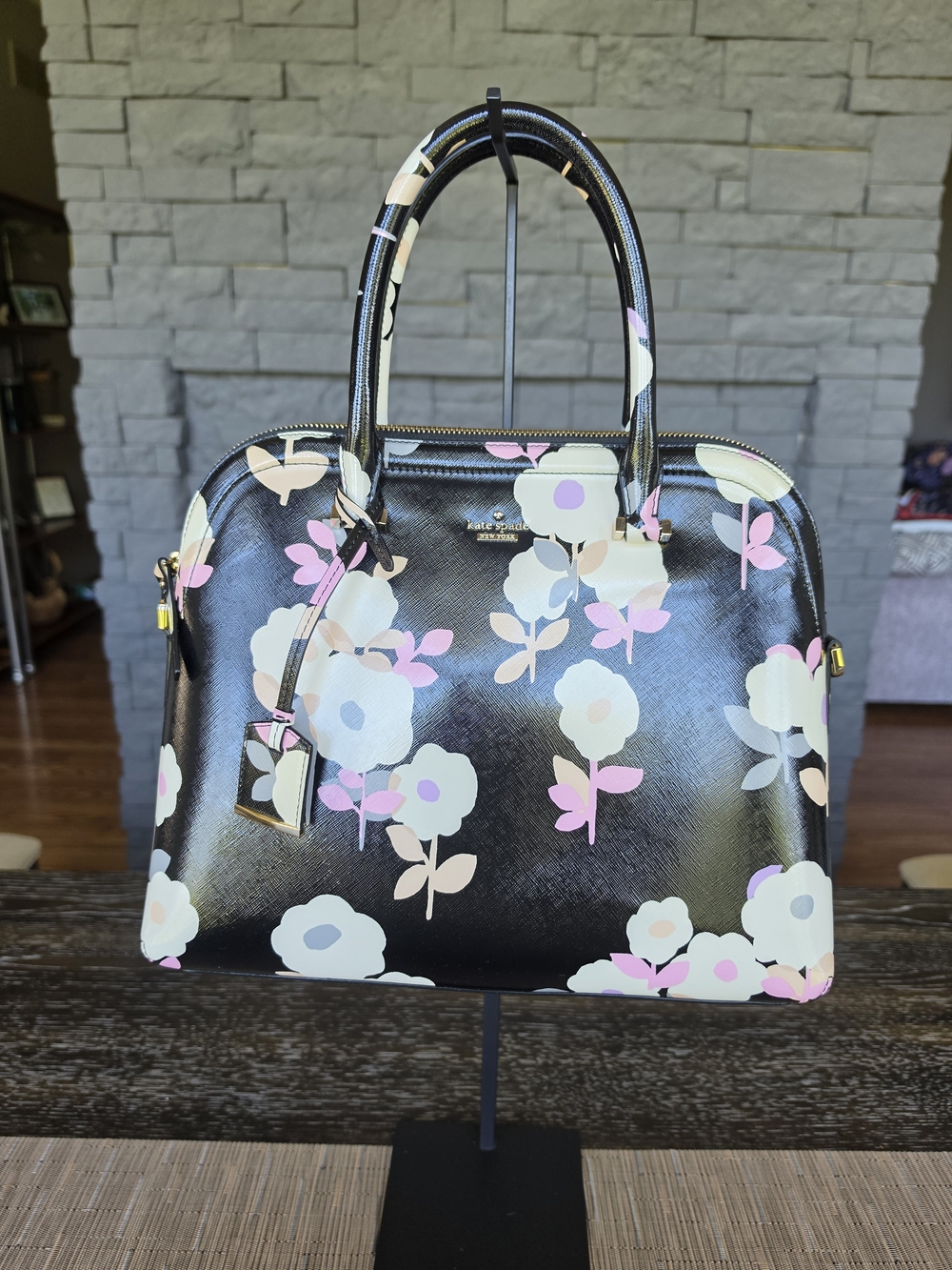kate spade floral dome satchel - black with pink & cream flowers